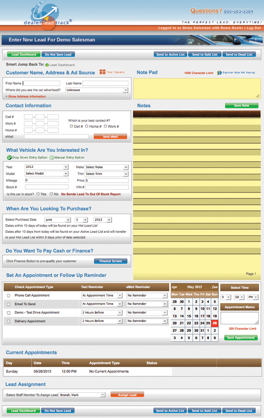 Dealer Lead Track's Enter New Lead Screen helps guide staff to properly accept, catalog, follow up, and close customers with our web based CRM / ILM lead managemnet system